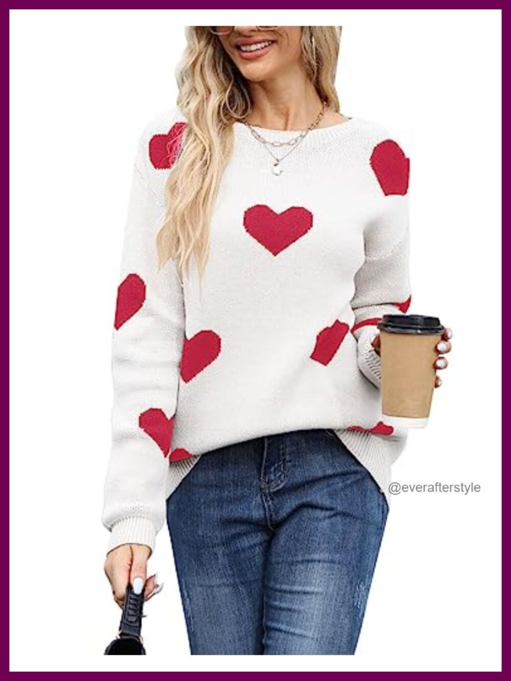 Cable Knit Heart Pullover Sweater Long Sleeve Crewneck Casual